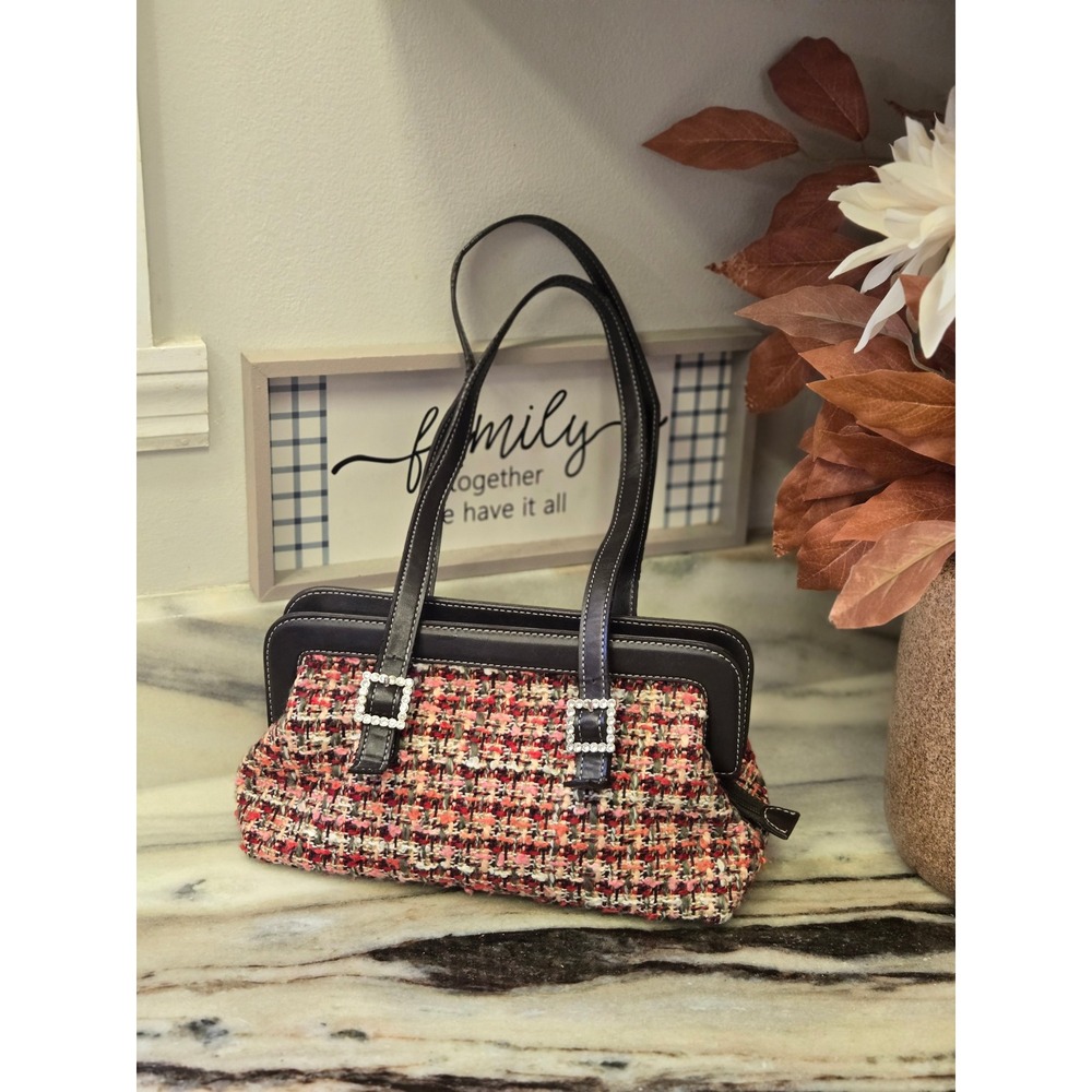 Pink Red Tweed Shoulder Bag Amanda Smith Rhinestone Buckle Detail Brown Trim
